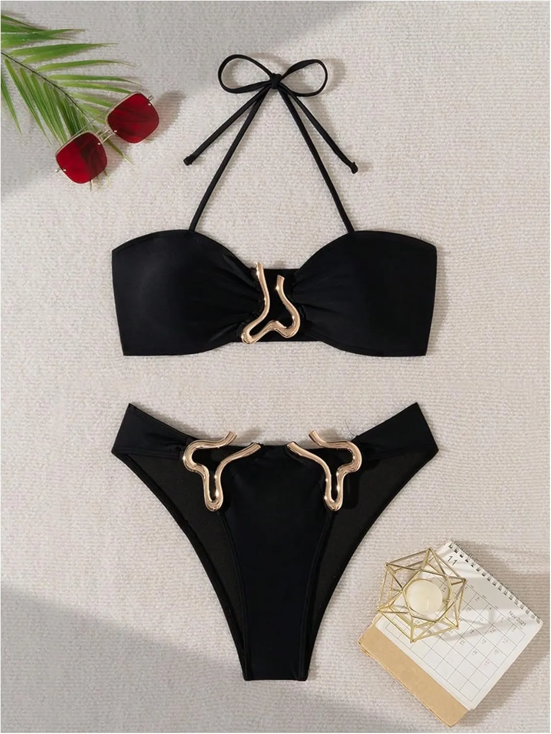 MakeMeChic Women's Two Piece Bikini Set Halter Ring Backless Summer Bathing Swimsuits