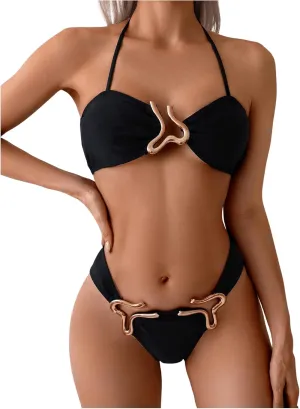 MakeMeChic Women's Two Piece Bikini Set Halter Ring Backless Summer Bathing Swimsuits
