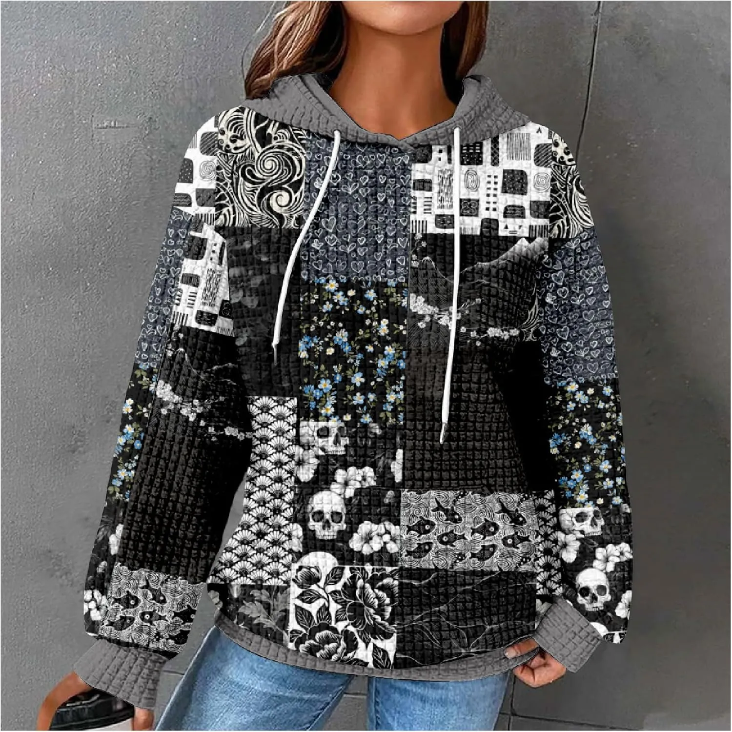 MARSVOVO Patchwork Hoodie for Women Dressy Drawstring Waffle Sweatshirt Pullover Oversized Casual Spring Fall Hoodies