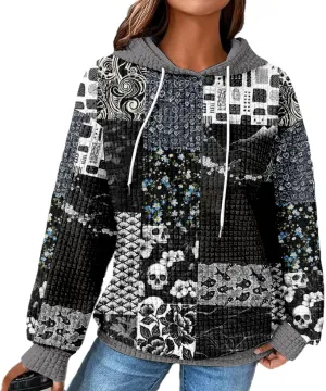 MARSVOVO Patchwork Hoodie for Women Dressy Drawstring Waffle Sweatshirt Pullover Oversized Casual Spring Fall Hoodies