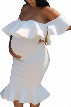 Maternity Photography Props Floral Ruffle Dress Fancy Pregnancy Gown for Baby Shower Photo Shoot for Photography