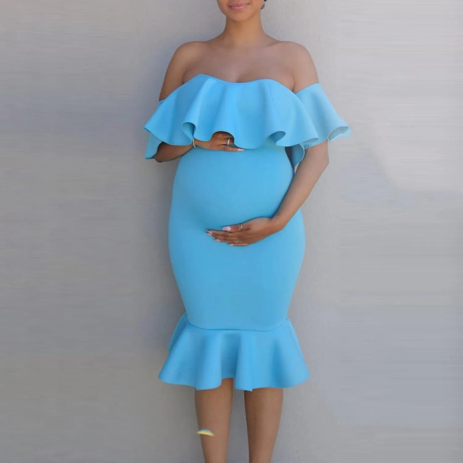 Maternity Photography Props Floral Ruffle Dress Fancy Pregnancy Gown for Baby Shower Photo Shoot for Photography