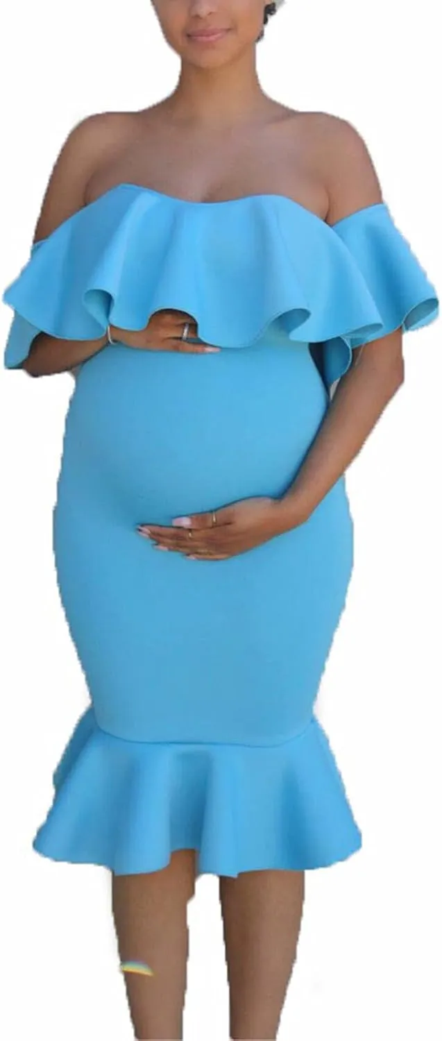 Maternity Photography Props Floral Ruffle Dress Fancy Pregnancy Gown for Baby Shower Photo Shoot for Photography