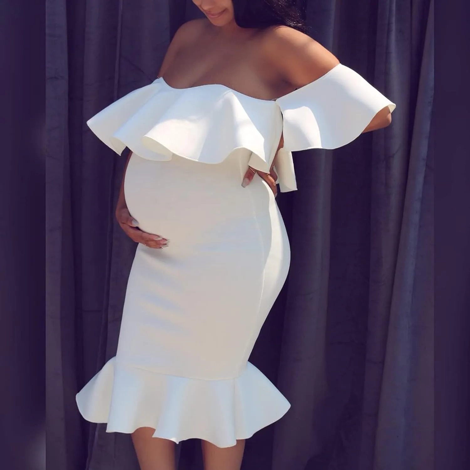 Maternity Photography Props Floral Ruffle Dress Fancy Pregnancy Gown for Baby Shower Photo Shoot for Photography