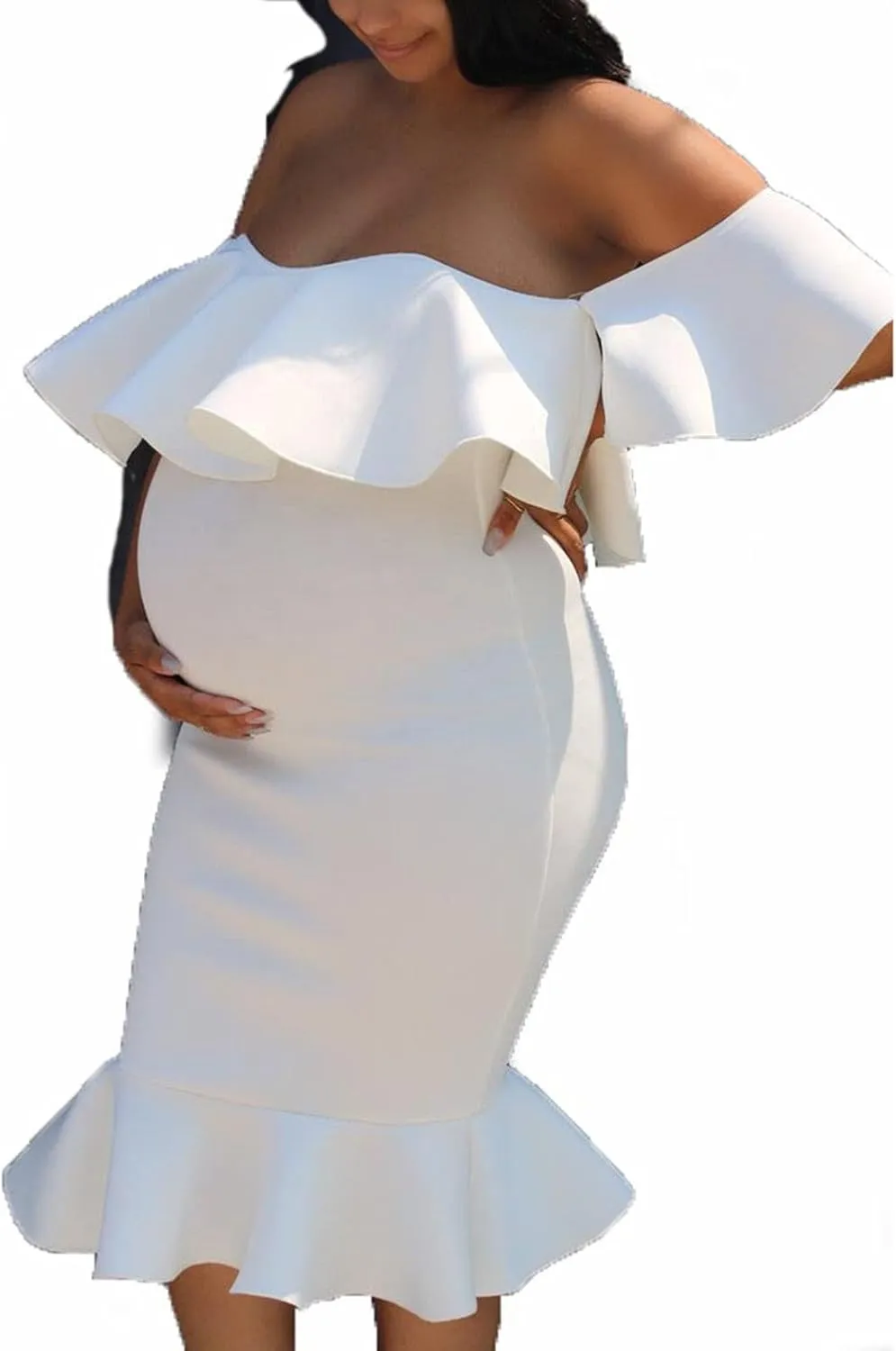 Maternity Photography Props Floral Ruffle Dress Fancy Pregnancy Gown for Baby Shower Photo Shoot for Photography