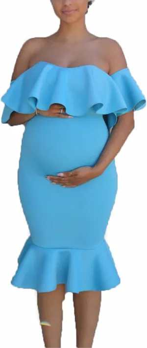 Maternity Photography Props Floral Ruffle Dress Fancy Pregnancy Gown for Baby Shower Photo Shoot for Photography