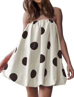 Meladyan Womens Polka Dot Bubble Mini Dress Strapless Backless Loose Fit Tube Dress Elegant Pleated Elastic Beach Dress