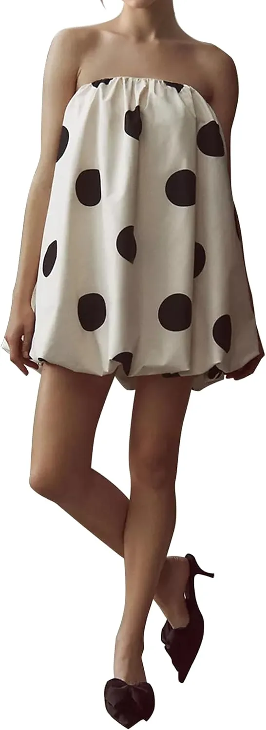 Meladyan Womens Polka Dot Bubble Mini Dress Strapless Backless Loose Fit Tube Dress Elegant Pleated Elastic Beach Dress