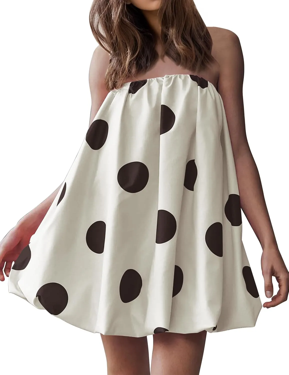 Meladyan Womens Polka Dot Bubble Mini Dress Strapless Backless Loose Fit Tube Dress Elegant Pleated Elastic Beach Dress