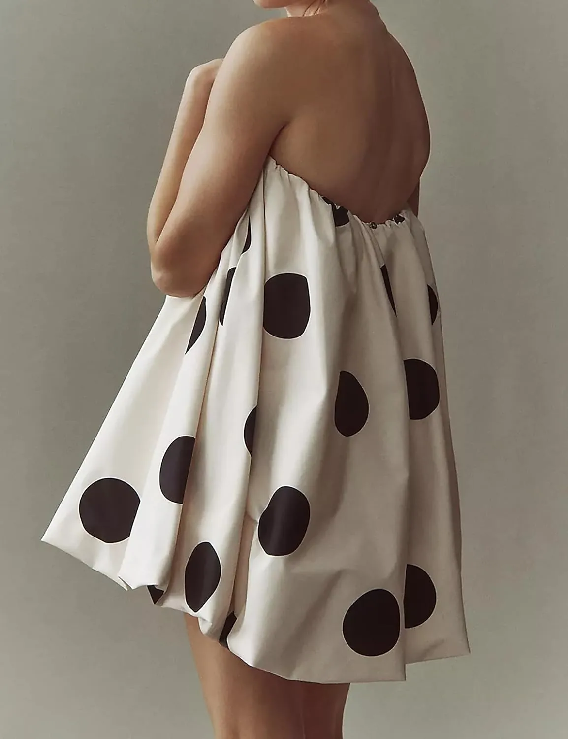 Meladyan Womens Polka Dot Bubble Mini Dress Strapless Backless Loose Fit Tube Dress Elegant Pleated Elastic Beach Dress