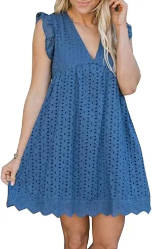 Melliflo Women's Ruffle Short Sleeve V Neck Dress Summer Casual Pullover Babydoll Eyelet Mini Dresses