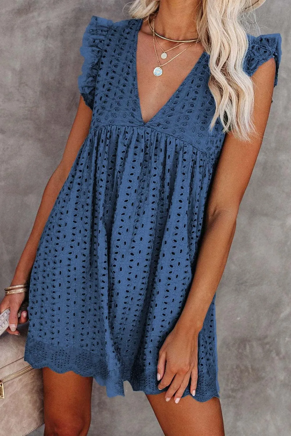 Melliflo Women's Ruffle Short Sleeve V Neck Dress Summer Casual Pullover Babydoll Eyelet Mini Dresses