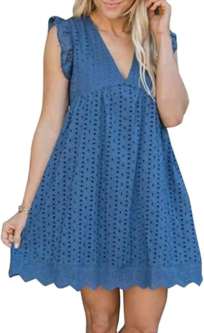 Melliflo Women's Ruffle Short Sleeve V Neck Dress Summer Casual Pullover Babydoll Eyelet Mini Dresses