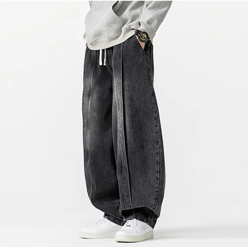 Mens Baggy Denim Harem Pants Elastic Waist Wide Leg Loose Jeans