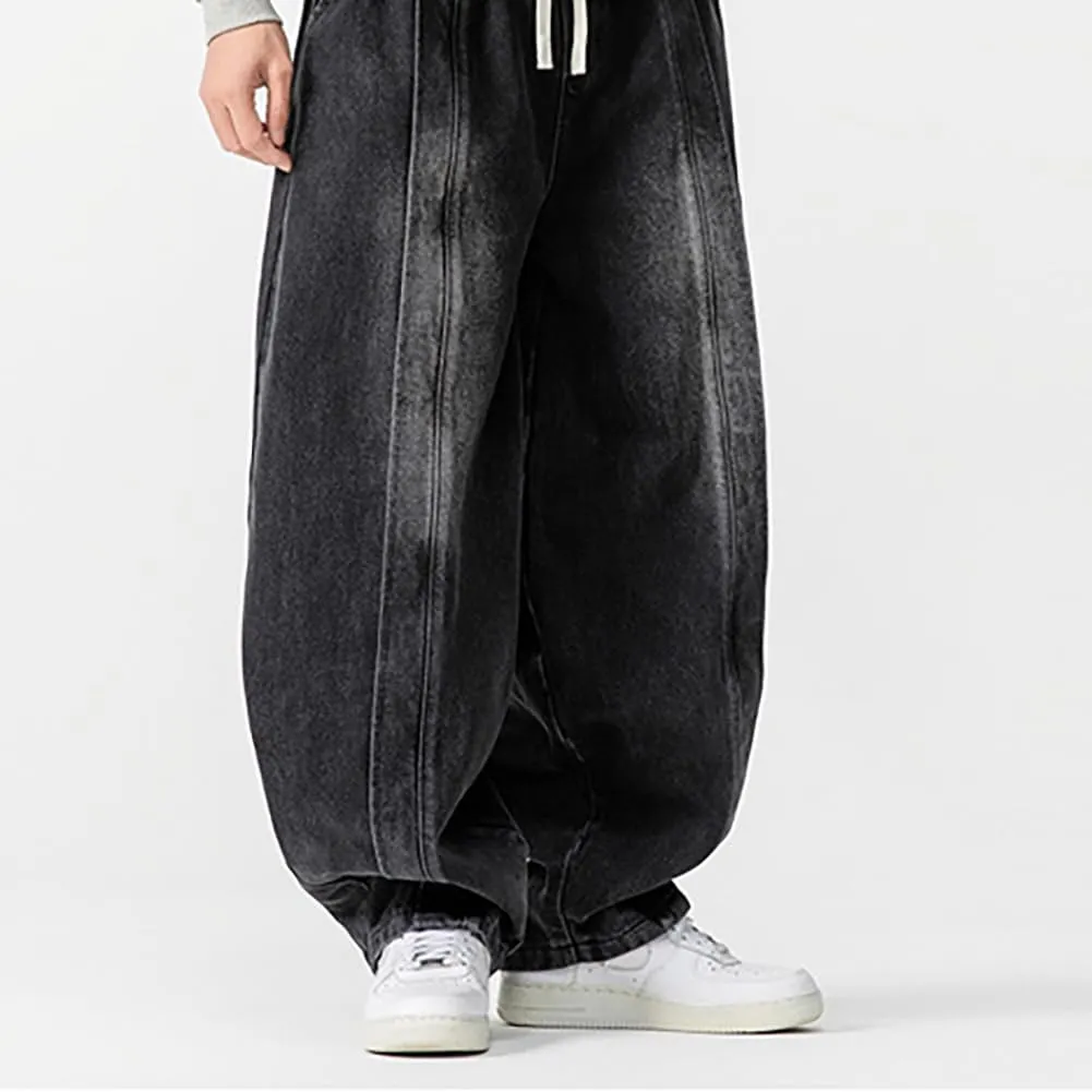 Mens Baggy Denim Harem Pants Elastic Waist Wide Leg Loose Jeans