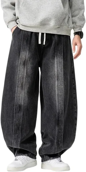 Mens Baggy Denim Harem Pants Elastic Waist Wide Leg Loose Jeans