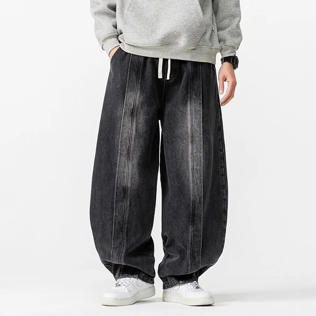 Mens Baggy Denim Harem Pants Elastic Waist Wide Leg Loose Jeans