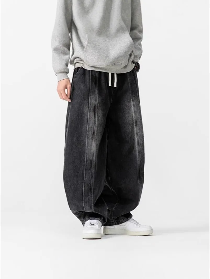 Mens Baggy Denim Harem Pants Elastic Waist Wide Leg Loose Jeans