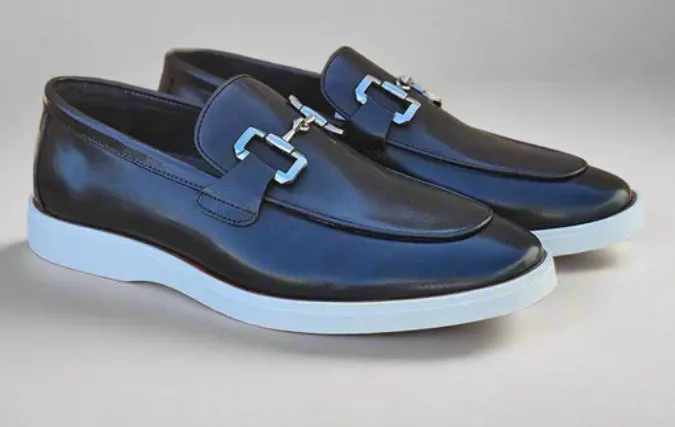 Men's Black Leather Horsebit Loafers with Sporty White Sole