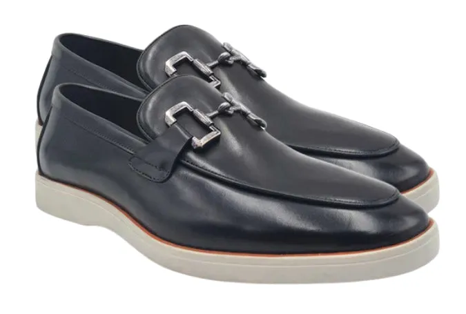 Men's Black Leather Horsebit Loafers with Sporty White Sole