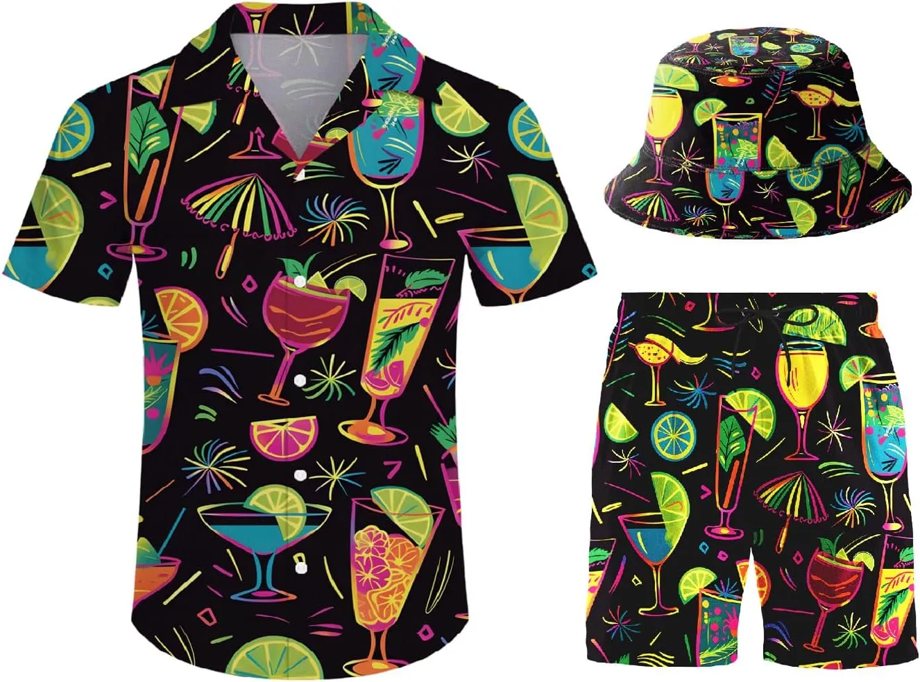 Men's Button Shirt Beach Shorts Set, Hawaiian Short Sleeve Shirt Quick Dry Beach Shorts 2 Pcs with Bucket Hat