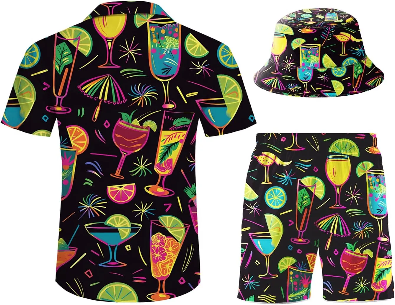 Men's Button Shirt Beach Shorts Set, Hawaiian Short Sleeve Shirt Quick Dry Beach Shorts 2 Pcs with Bucket Hat