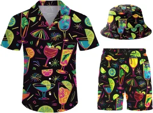 Men's Button Shirt Beach Shorts Set, Hawaiian Short Sleeve Shirt Quick Dry Beach Shorts 2 Pcs with Bucket Hat