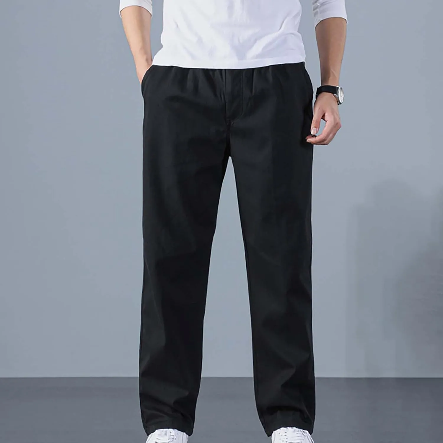 Mens Casual Cargo Pants Loose Fit Open Bottom Outdoor Hiking Pants for Men Elastic Waist Straight Leg Work Trousers