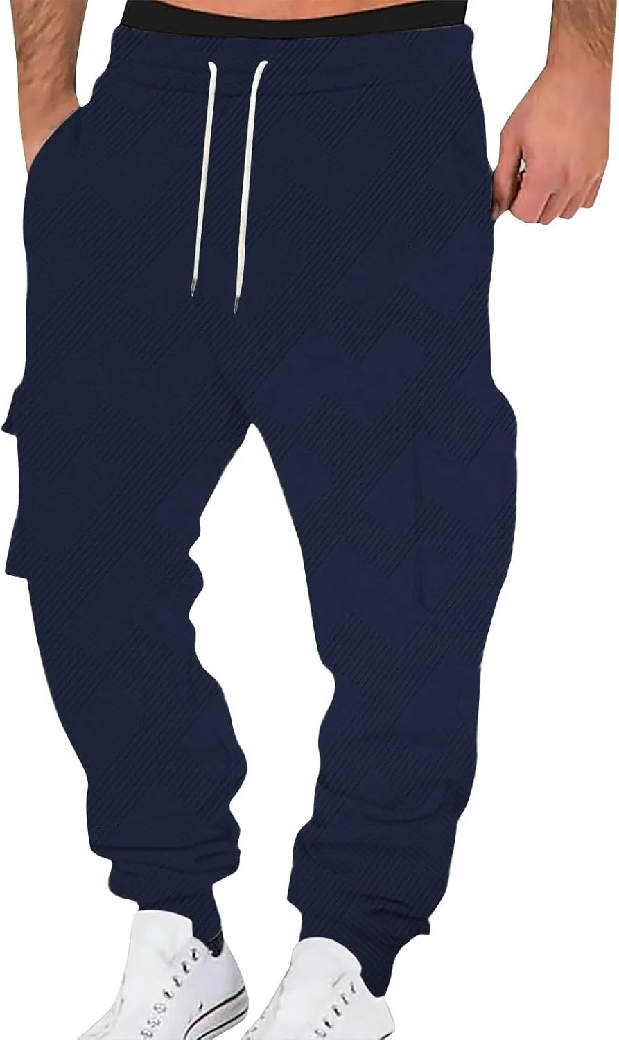 Men's Chinos Solid Color Pocket Cuffed Work Pants, Men's Casual Drawstring Work Pants