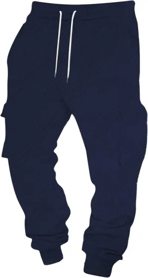 Men's Chinos Solid Color Pocket Cuffed Work Pants, Men's Casual Drawstring Work Pants