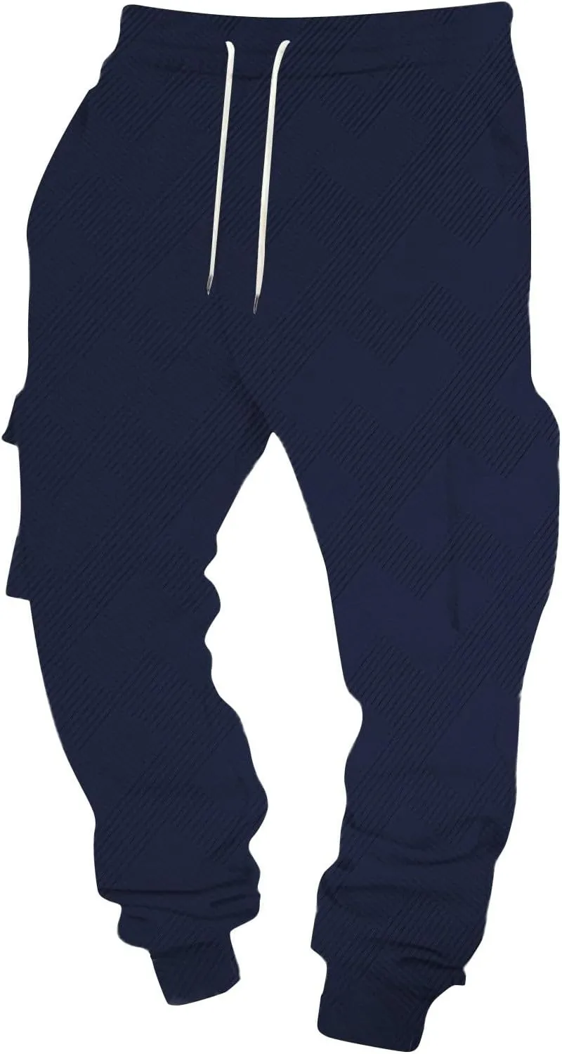 Men's Chinos Solid Color Pocket Cuffed Work Pants, Men's Casual Drawstring Work Pants
