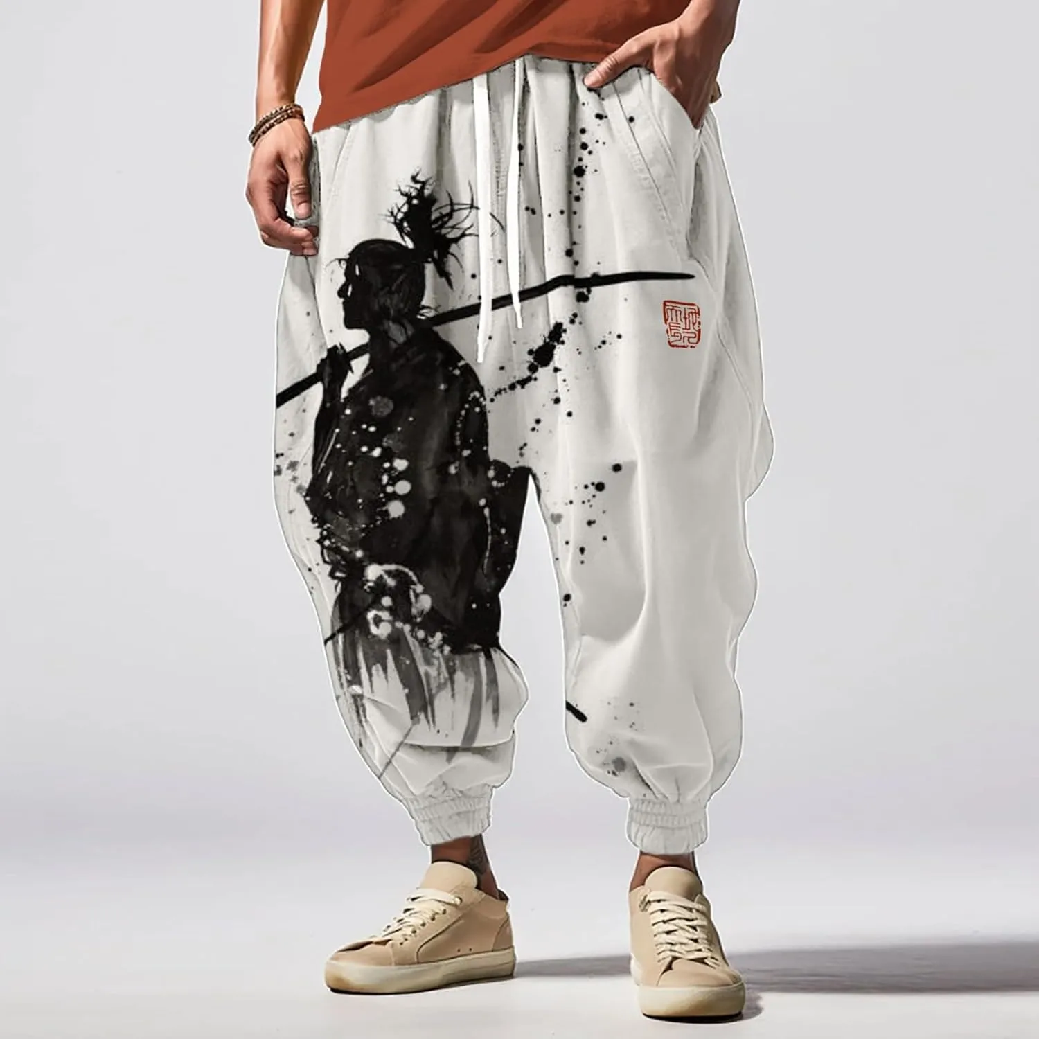 Men's Linen Harem Drawstring Pants Men's Autumn Fun Print Fashion Street Feel Casual Hiking Outdoor Twill Track