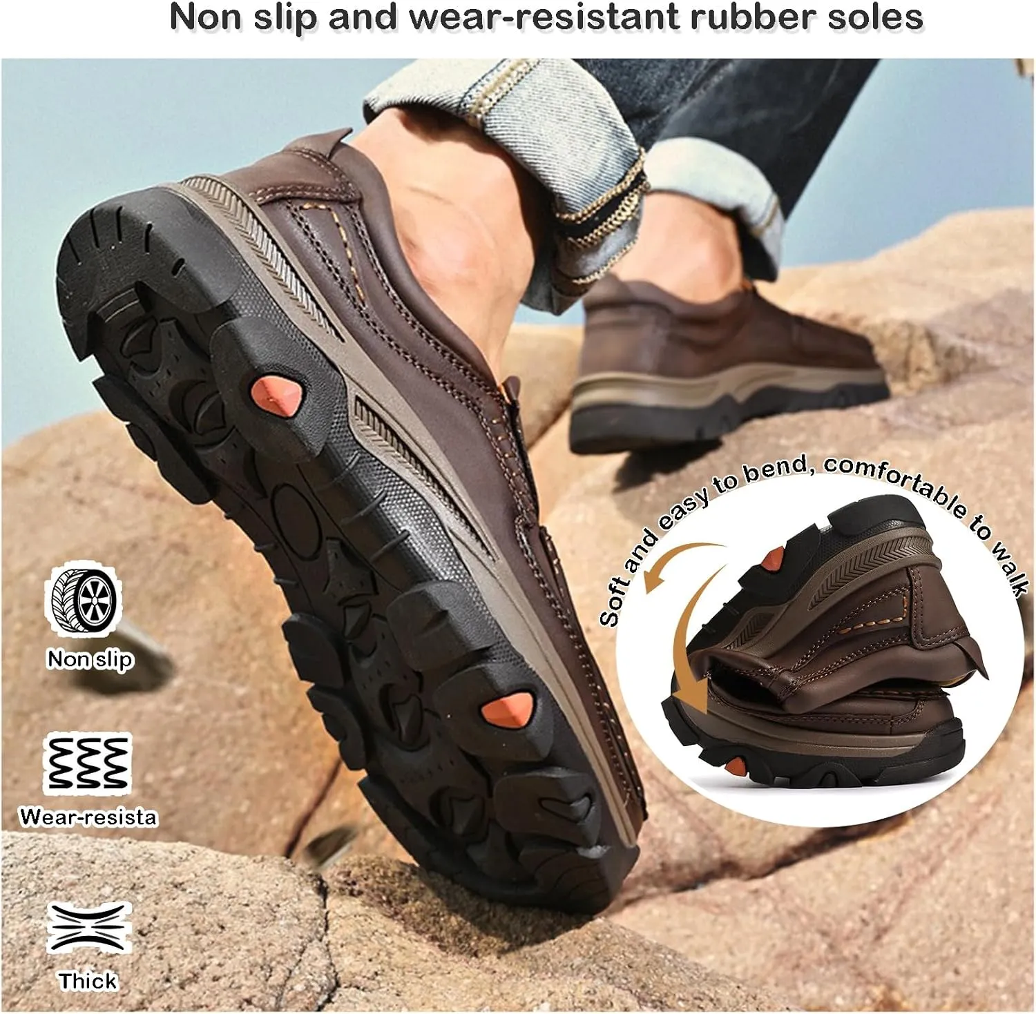 Men's Slip on Leather Loafers for Men Non Slip Waterproof Comfortable Walking Shoes, Lightweight Breathable Casual Driving Shoes