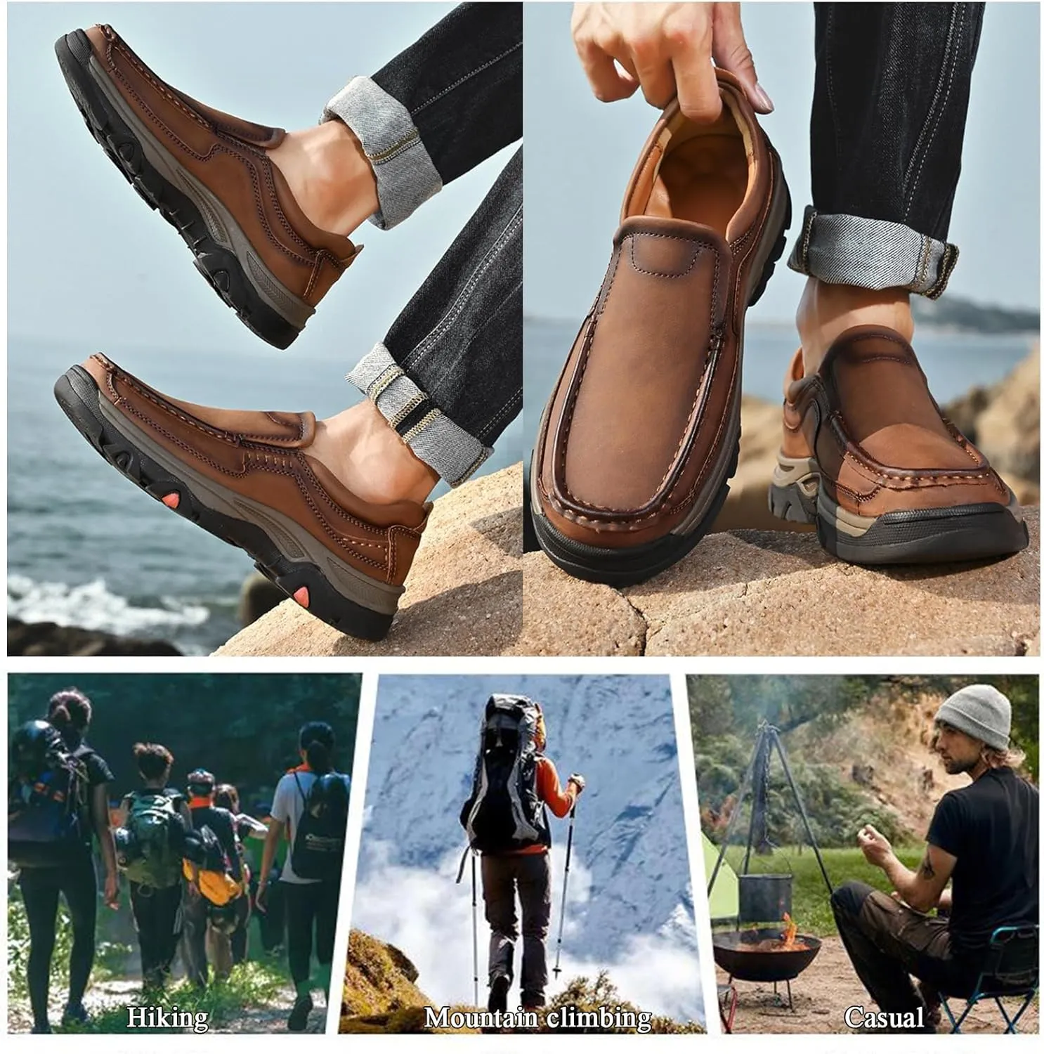 Men's Slip on Leather Loafers for Men Non Slip Waterproof Comfortable Walking Shoes, Lightweight Breathable Casual Driving Shoes