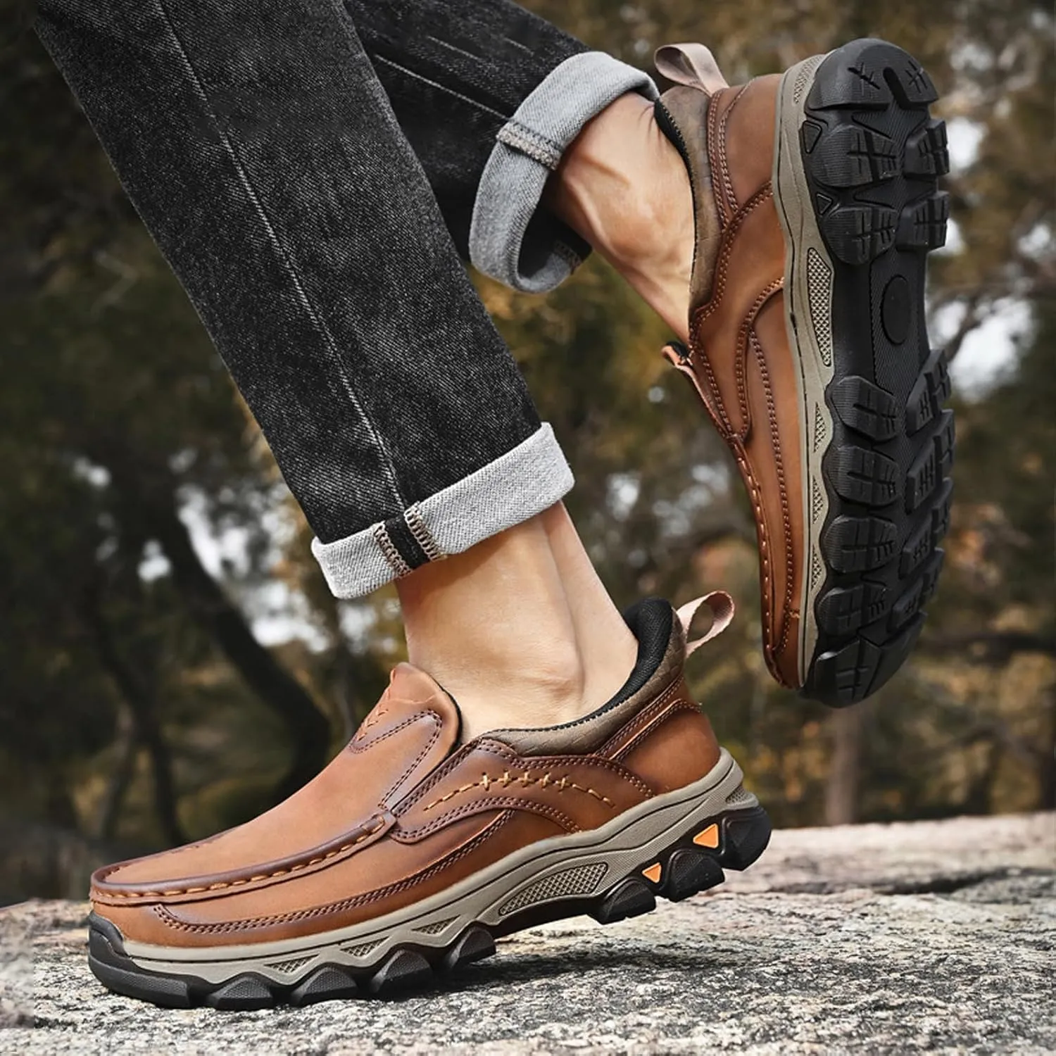 Men's Slip On Loafers, Lightweight Walking Sneakers, Casual Outdoor Leather Shoes, Comfortable Hiking Shoes for Travel, Camping, Running
