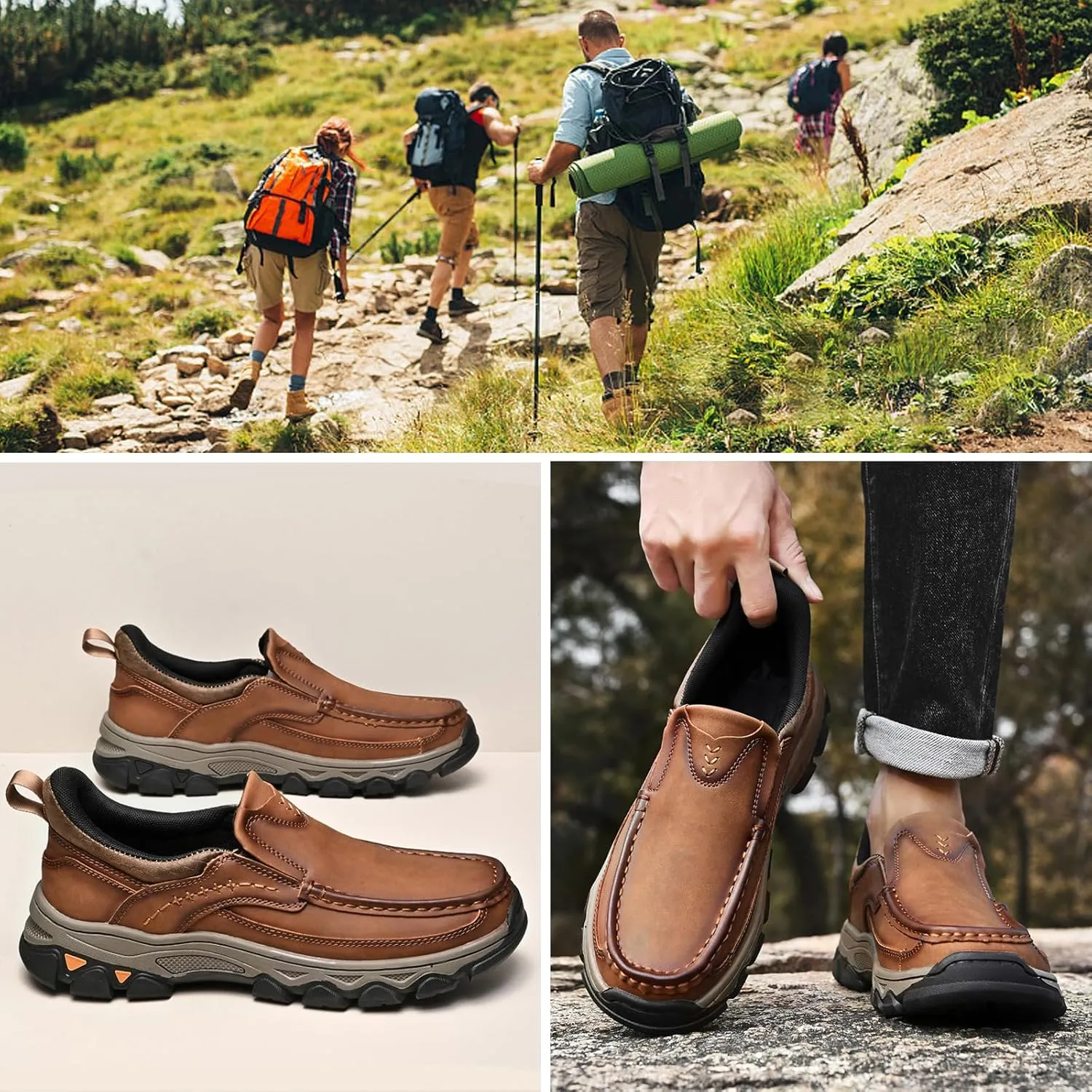 Men's Slip On Loafers, Lightweight Walking Sneakers, Casual Outdoor Leather Shoes, Comfortable Hiking Shoes for Travel, Camping, Running