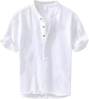 Men's Summer Shirts Short Sleeve Semi Button Down Button Down Shirt Solid Color Blouse Casual Linen Undersirts