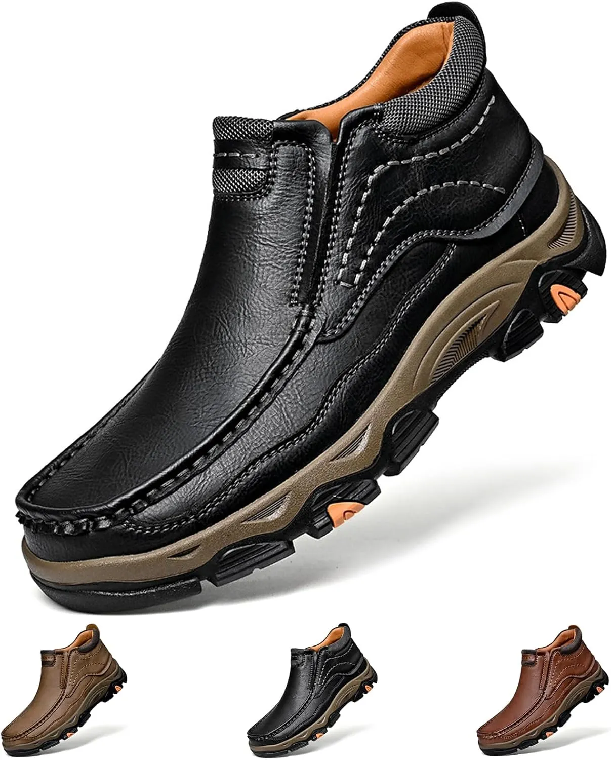 Men's Waterproof Hiking Boots, Men Leather Slip-On Loafers, Non-Slip Walking Shoes, Outdoor Trekking Camping Sneakers, for Travel, Camping, Running
