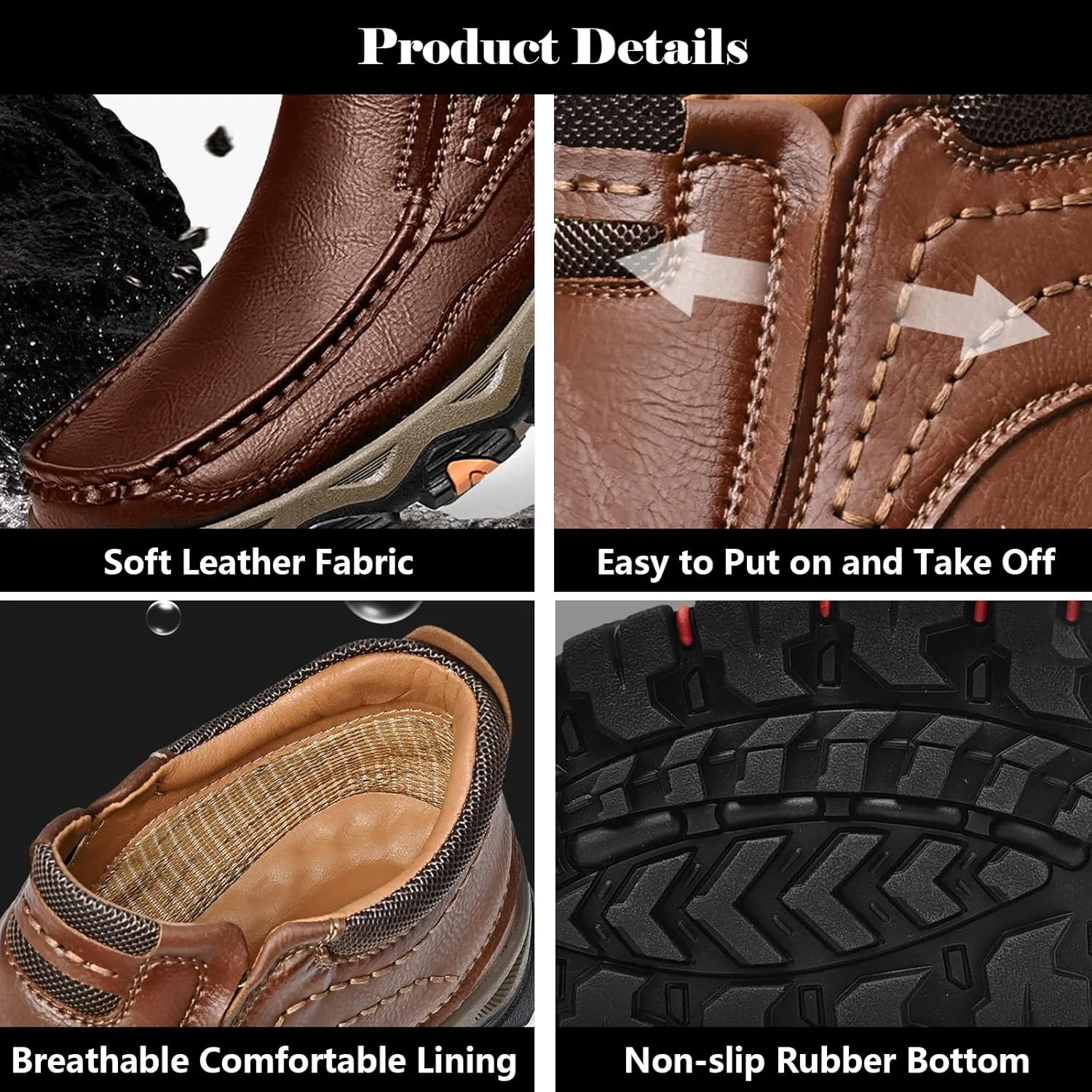 Men's Waterproof Hiking Boots, Men Leather Slip-On Loafers, Non-Slip Walking Shoes, Outdoor Trekking Camping Sneakers, for Travel, Camping, Running