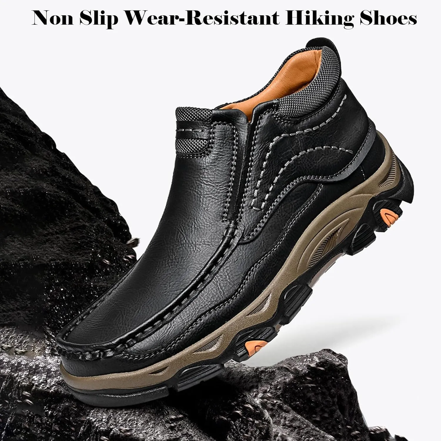 Men's Waterproof Hiking Boots, Men Leather Slip-On Loafers, Non-Slip Walking Shoes, Outdoor Trekking Camping Sneakers, for Travel, Camping, Running