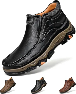 Men's Waterproof Hiking Boots, Men Leather Slip-On Loafers, Non-Slip Walking Shoes, Outdoor Trekking Camping Sneakers, for Travel, Camping, Running