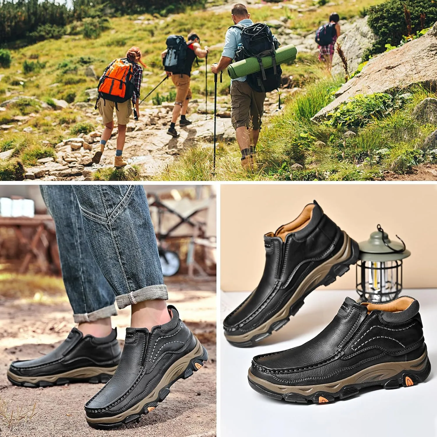 Men's Waterproof Hiking Boots, Men Leather Slip-On Loafers, Non-Slip Walking Shoes, Outdoor Trekking Camping Sneakers, for Travel, Camping, Running