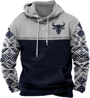 Men's Western Aztec Hoodie Vintage Oversized Cowboy Hooded Sweatshirts Casual Graphic Country Hoodies with Pocket