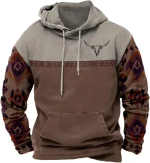 Men's Western Aztec Hoodie Vintage Oversized Cowboy Hooded Sweatshirts Casual Graphic Country Hoodies with Pocket
