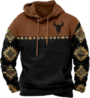 Men's Western Aztec Hoodie Vintage Oversized Cowboy Hooded Sweatshirts Casual Graphic Country Hoodies with Pocket