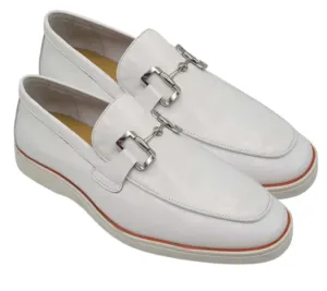 Men's White Leather Horsebit Loafers with Sporty White Sole