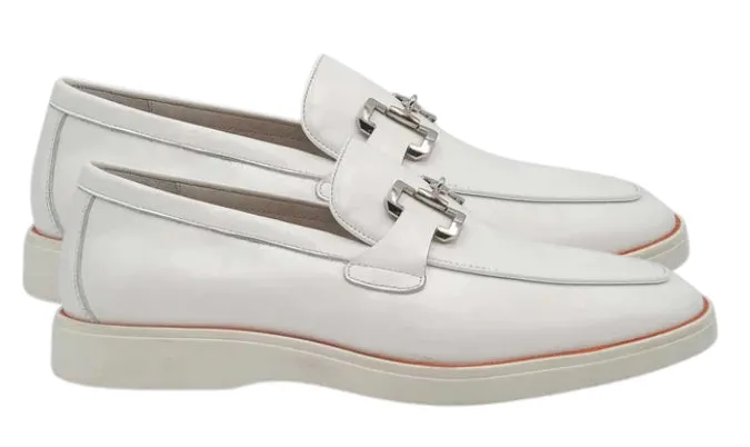 Men's White Leather Horsebit Loafers with Sporty White Sole