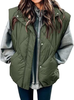 MEROKEETY Women's 2024 Winter Puffer Vest Quilted Stand Collar Zip Up Padded Gilet Coat with Pockets
