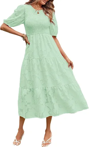 MEROKEETY Women's 2025 Summer Puff Sleeve Smocked Floral Dress Crewneck Lace Flowy Tiered Midi Dresses