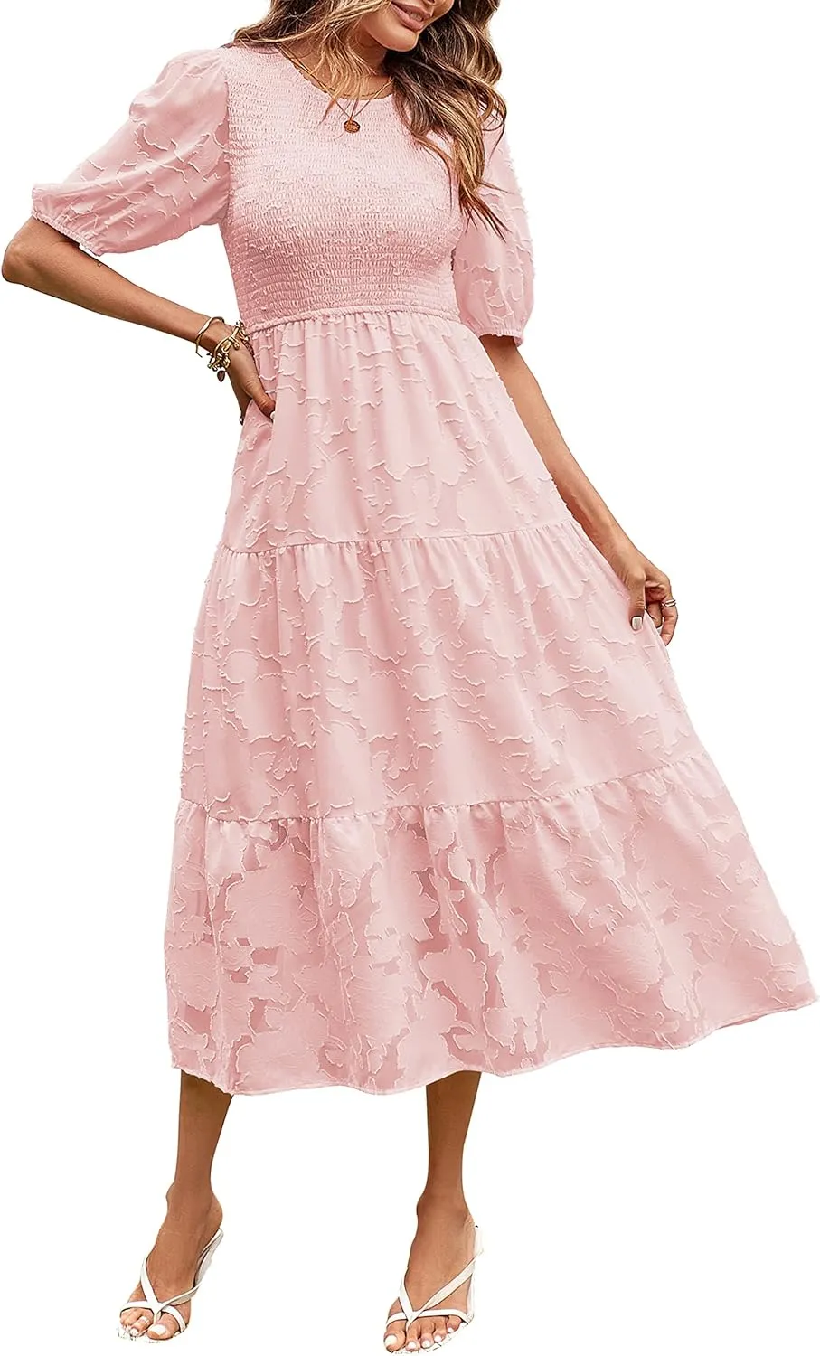 MEROKEETY Women's 2025 Summer Puff Sleeve Smocked Floral Dress Crewneck Lace Flowy Tiered Midi Dresses